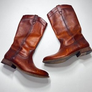 Frye Melissa Pull On Cognac Brown Leather Boots Womens Size 9 B New Western